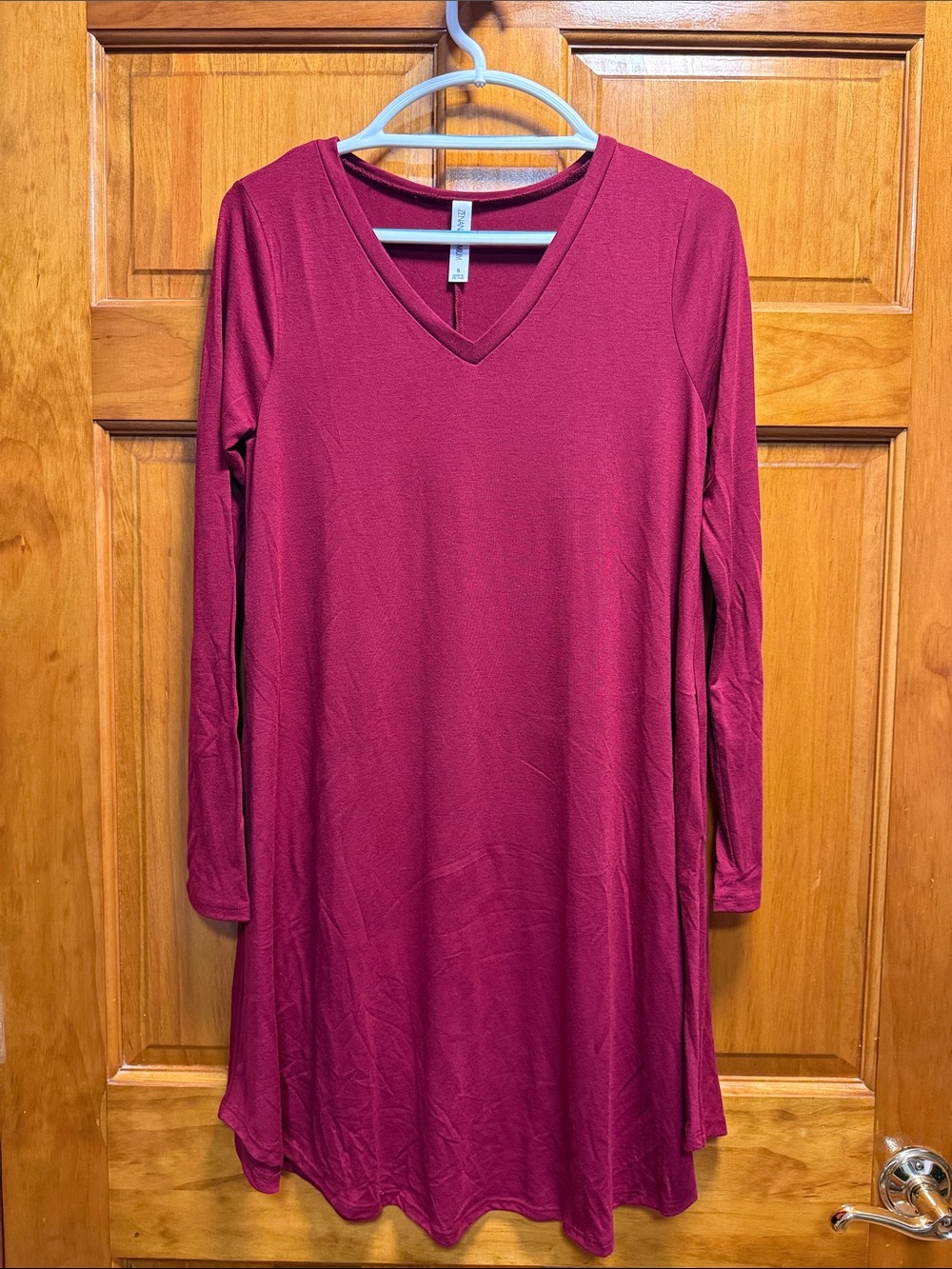 Zenana Outfitters Wine V-Neck Long Sleeve A-Line Dress